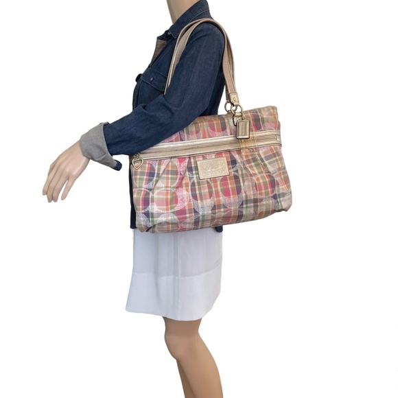 Coach Daisy Madras Plaid Glam Signature Tote Shoulder Bag - Picture 2 of 16